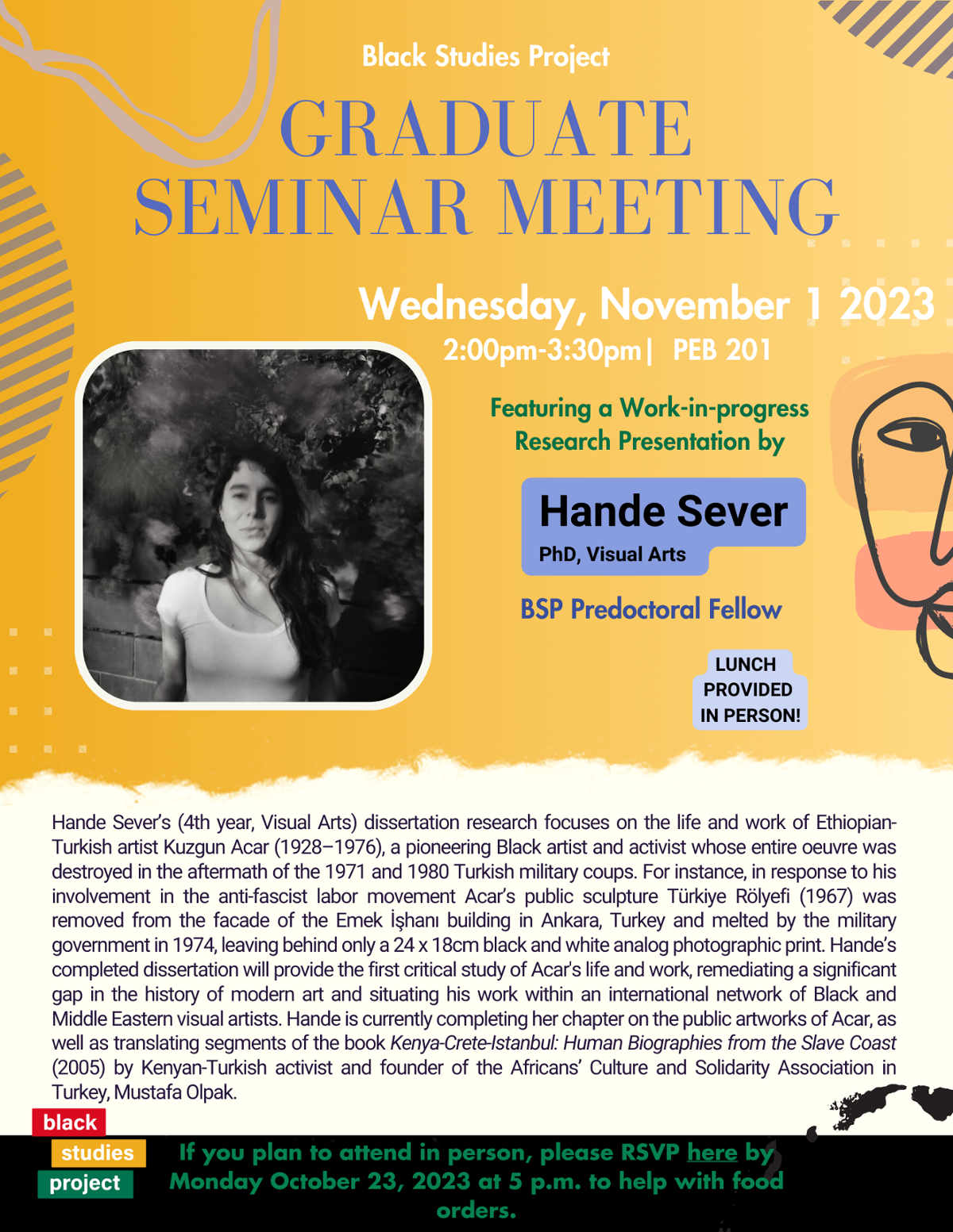 Flier bearing Hande Sever's image and text describing the presentation topic