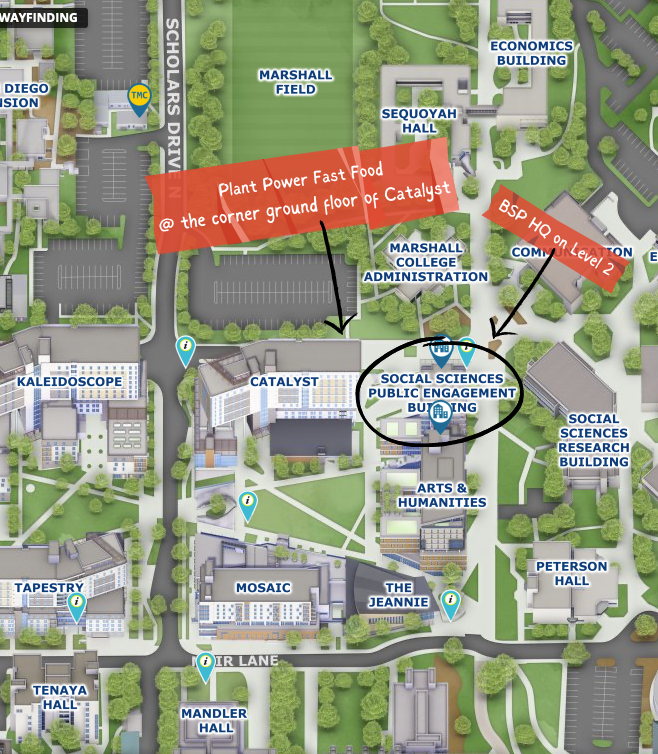 a screenshot of map illustrating the location on UCSD's campus of the Social Sciences Public Engagement Building