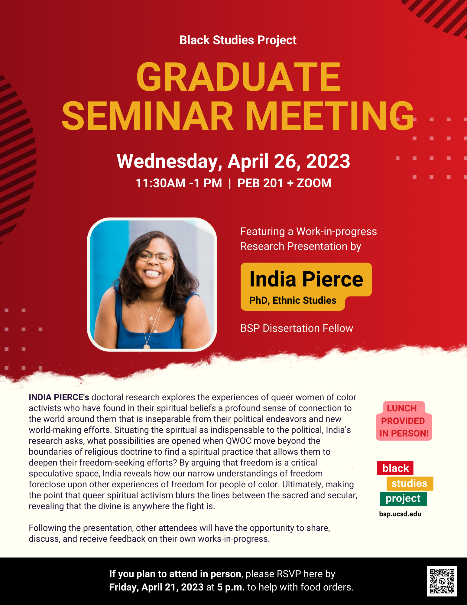Flier bearing India Pierce's image and text describing the presentation topic, with a text sign on top of the content declaring the event is postponed