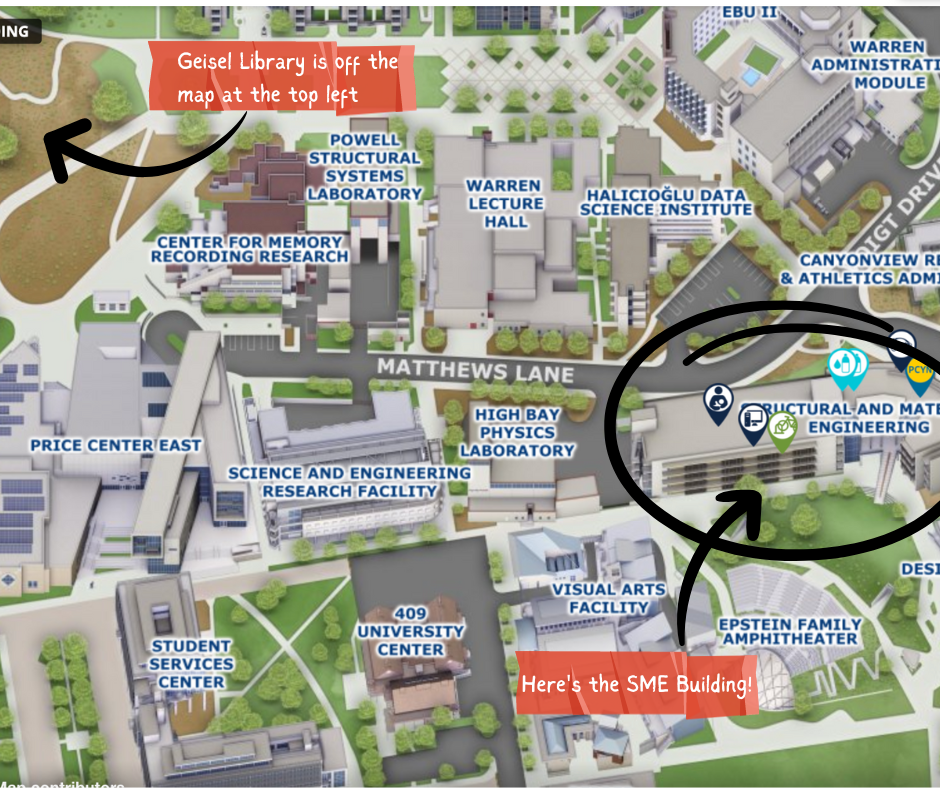 the image is a screenshot of a map of a portion of UCSD's campus flanked by Geisel Library to the far left of the screenshot, and the SME building to the far right